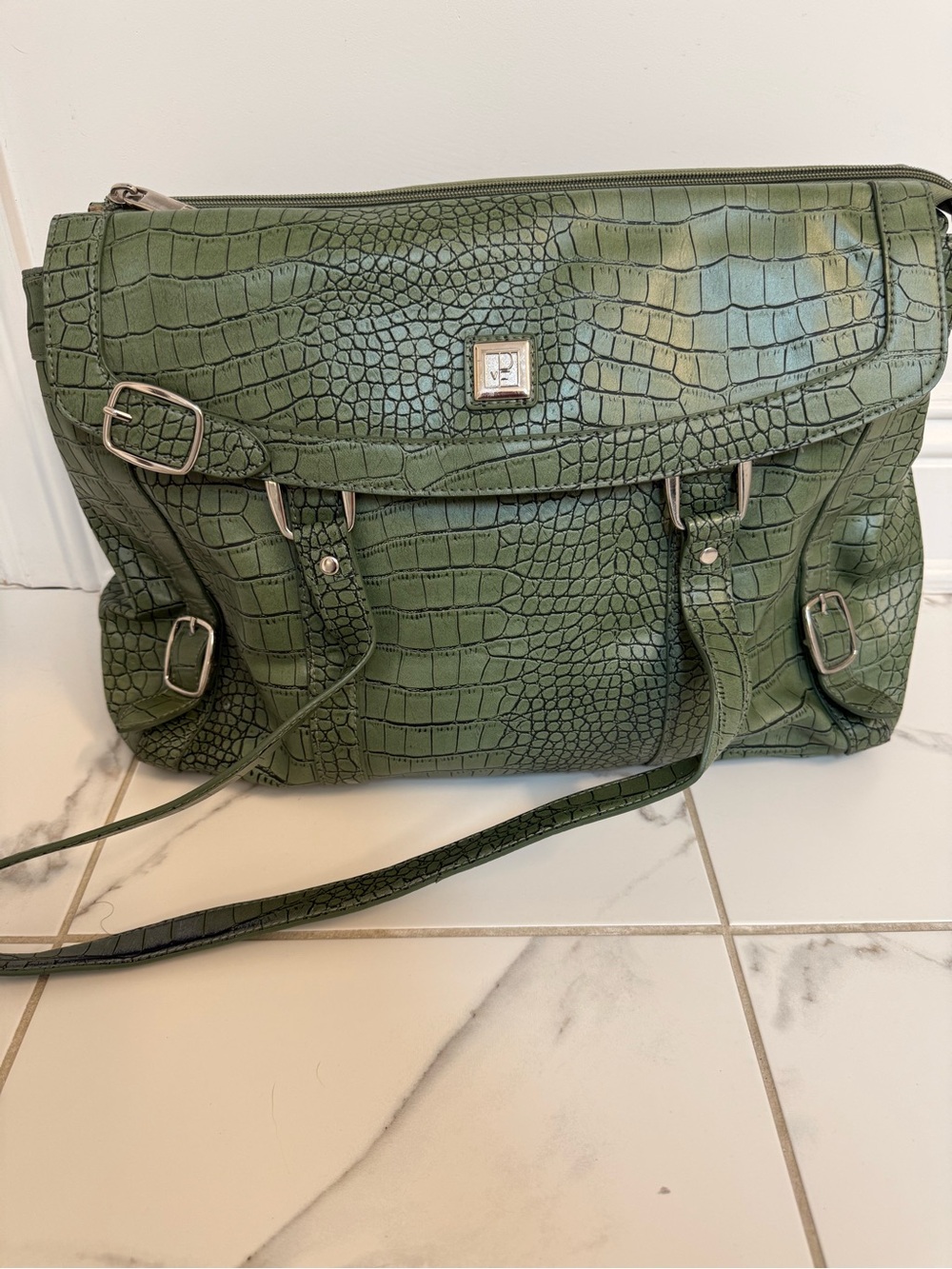 Diane Von Furstenberg Olive Green Croc-Embossed Shoulder Bag
